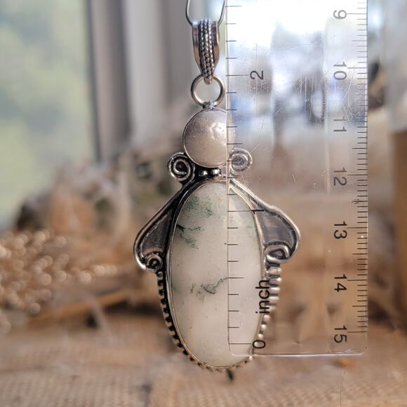Ethereal White Moss Agate Pendant, Sterling Silver Necklace With Pearl - Picture 3 of 8